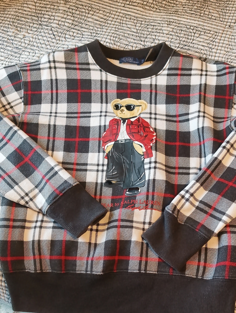 Polo Bear Plaid Sweatshirt with Bear Graphic - Black/White/Red